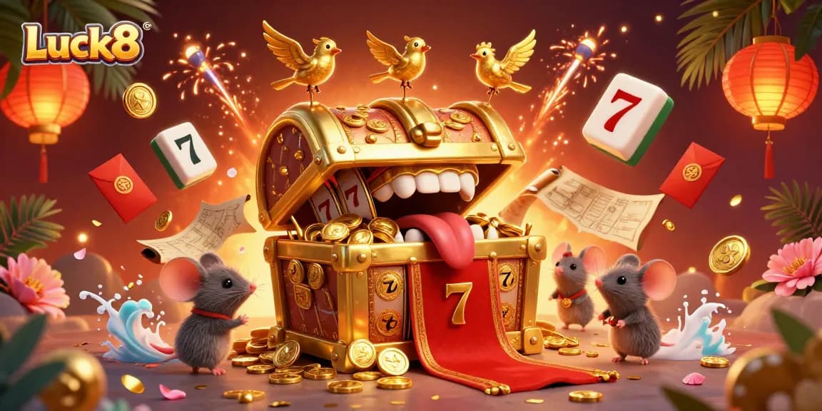 Engage with Luck8's thrilling 3D casino scene showcasing adventure with treasure and slot excitement.