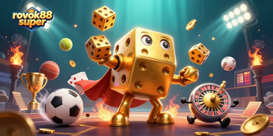 Experience the thrill of rokok88 super with an epic gaming scene showcasing dynamic sports and casino elements.