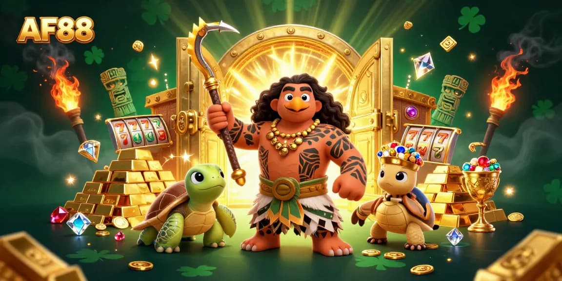 Experience the excitement of AF88 with vibrant slot reels and golden treasures in this dynamic casino scene.