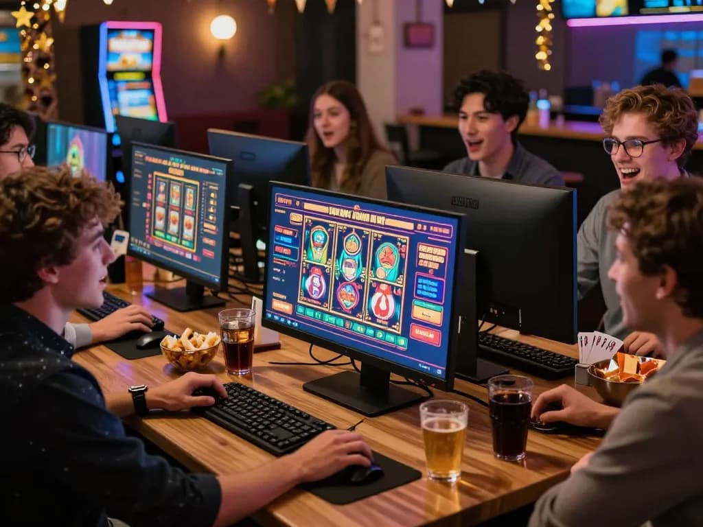 Engaging online gaming moment at www.mantra88.com with friends celebrating their wins.