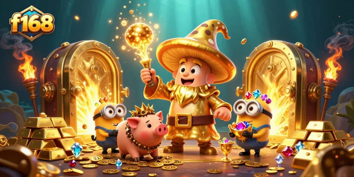 Experience the magic of treasure hunting with f168's golden wizard in a vibrant casino realm.