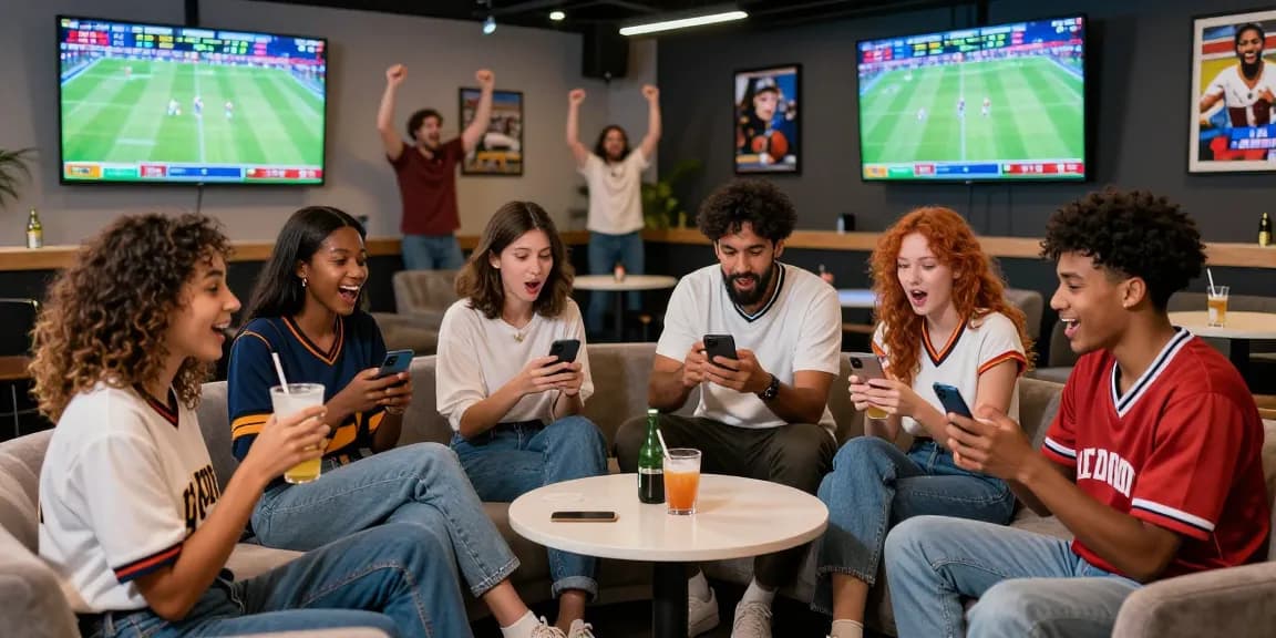 BOLA88 sports betting lounge with friends cheering live events, showcasing excitement and real-time odds.