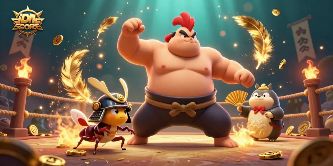 IDNSCORE platform features playful characters battling in a dynamic gambling arena filled with gold coins.