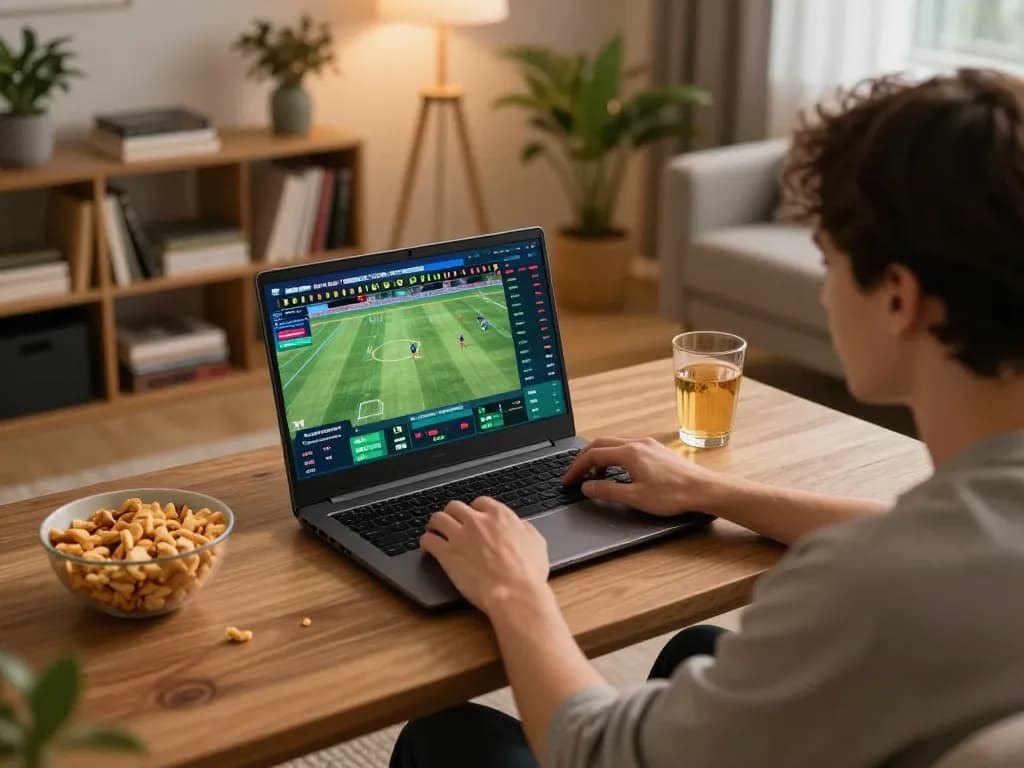 Fun88 user engaged in online sports betting during a cozy home gaming session with laptop and snacks.