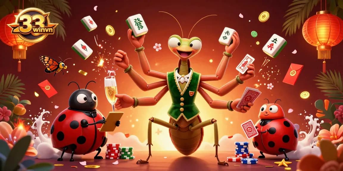 Explore thrilling gameplay with 33winvn as a giant mantis deals cards surrounded by interactive casino elements.