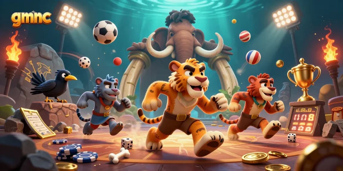 Visualize gmnc's thrilling casino adventure with a 3D caveman duo, dynamic sports betting elements, and glowing treasures.