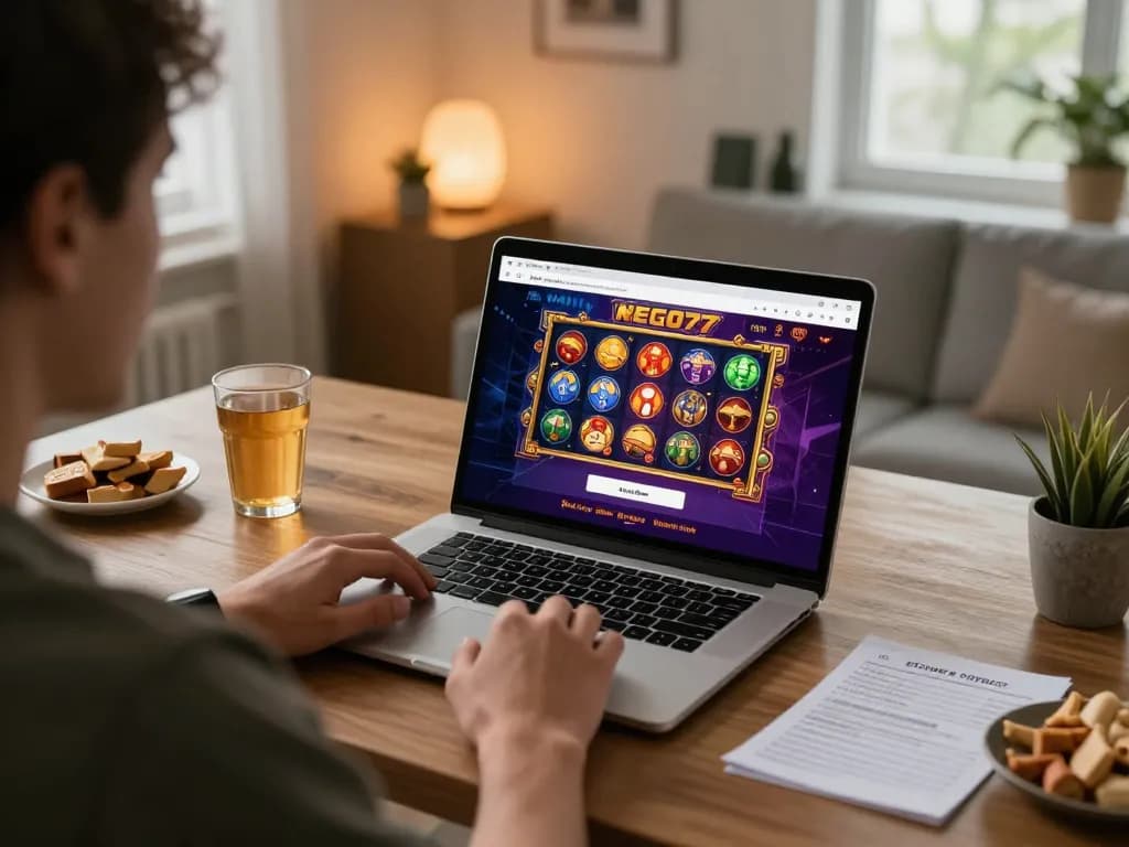 Engaging in online gambling with NEGO77 login displayed on the sleek laptop in a cozy setting