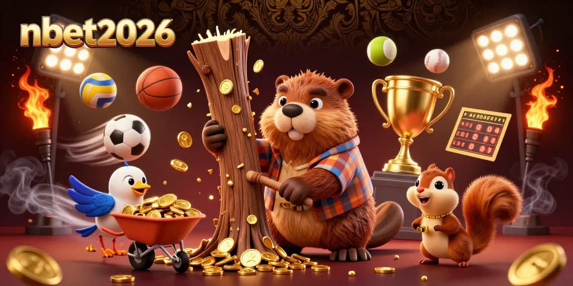nbet2026 dominates the casino scene with a playful lumberjack beaver amidst golden coins and sports elements.