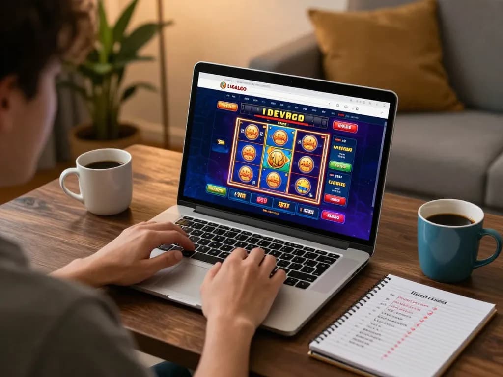 Playing on SITUS LIGALGO with colorful slot machines on screen, cozy home atmosphere