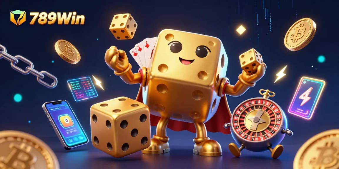 Experience thrilling gaming with 789Win's vibrant casino elements and golden dice golem.