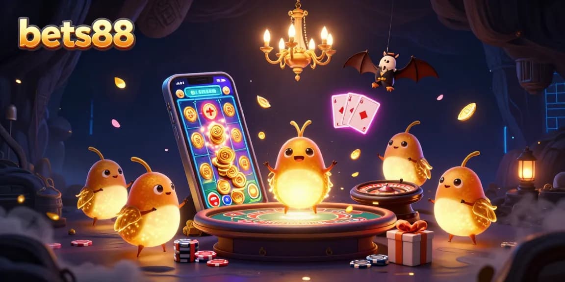 Experience thrilling wins at bets88 with vibrant slot games, illuminated by glowworms in a cave casino.