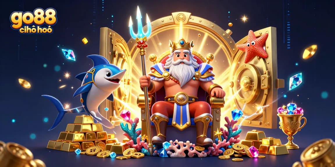 Experience the thrilling gaming world at go88 chính chủ with an energetic casino illustration filled with treasure.