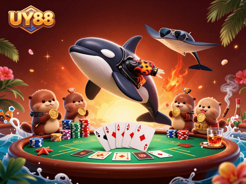 Experience UY88 casino excitement with dynamic characters in an engaging poker scene.