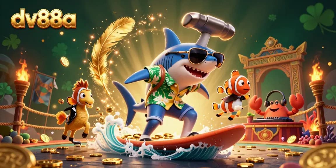 Experience the thrilling action at dv88a with a shark surfing on gold coins amidst stunning casino elements