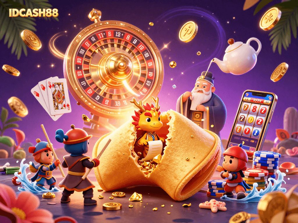 Experience thrilling gameplay with IDCASH88, featuring a fantasy element of a golden fortune cookie and a tiny dragon.