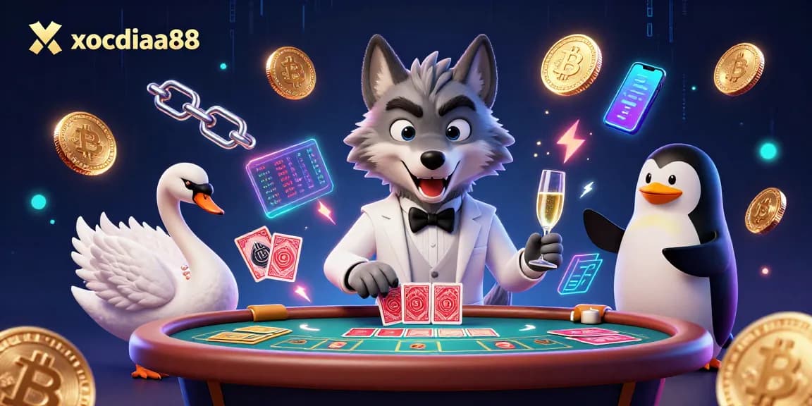 Xocdiaa88 features a debonair wolf and elegant swan at a vibrant baccarat game table.