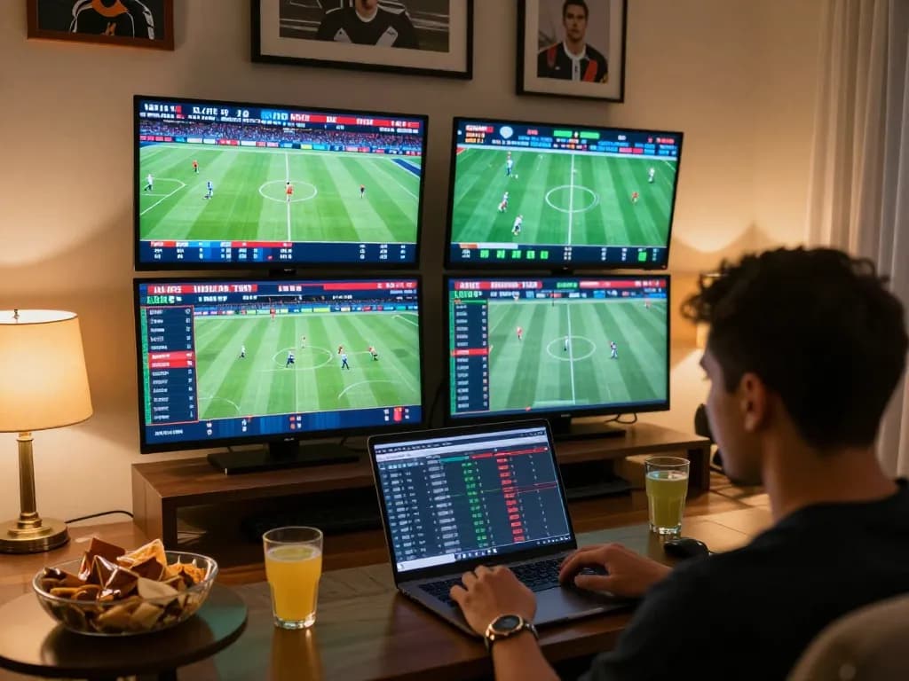 Person uses Bongdallu to analyze live sports odds while betting at home, creating a focused environment.