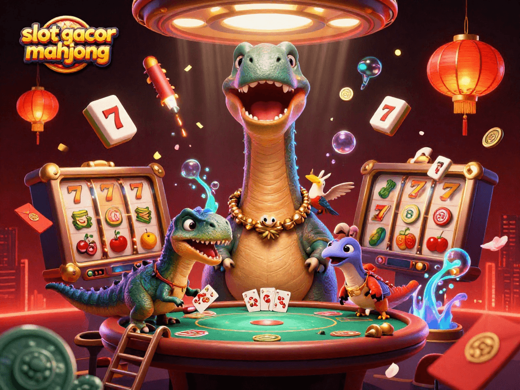 Engaging scene of slot gacor mahjong with 3D cartoon characters and festive gambling elements.