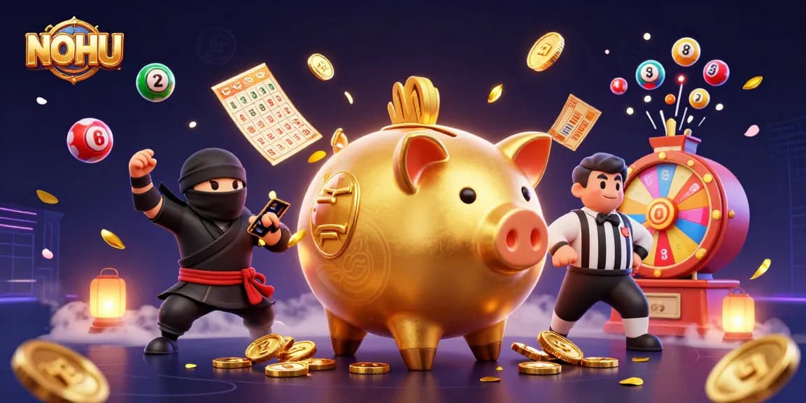 Experience vibrant gaming moments at NOHU with lively characters and dynamic lottery elements in a dazzling casino scene.