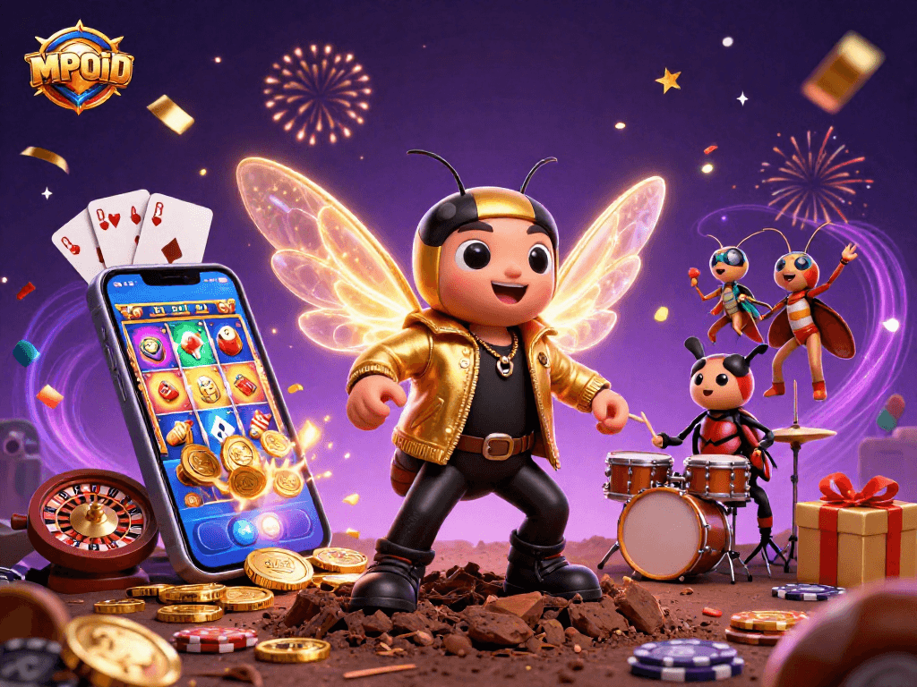 MPOID offers a vibrant casino scene with a cicada rock star, a drummer, and exciting slot games.