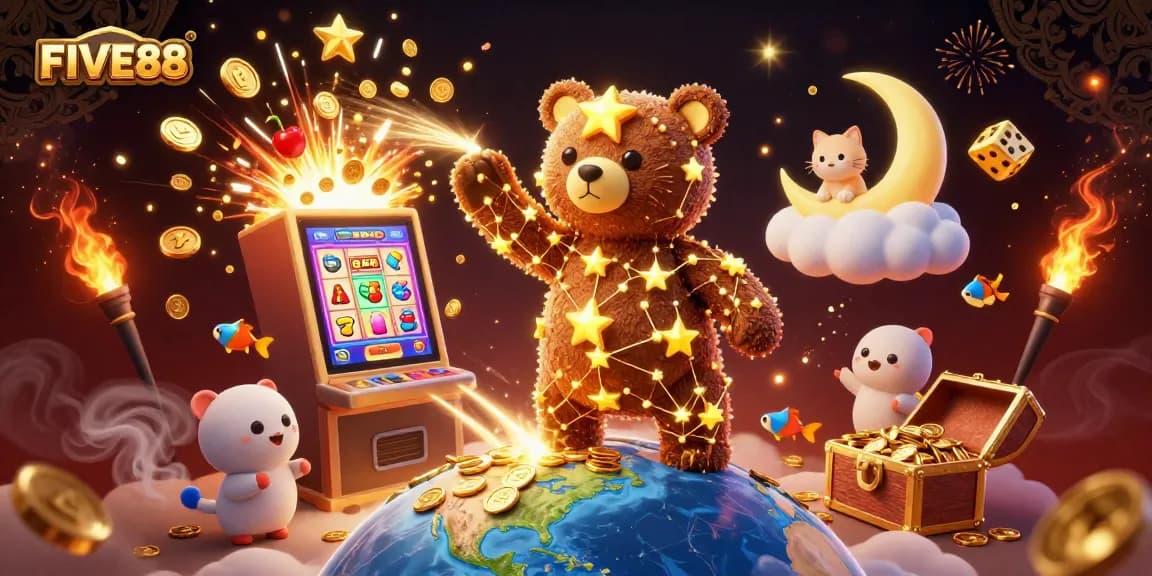 Experience the FIVE88 casino excitement with vibrant 3D characters and dynamic jackpot elements.