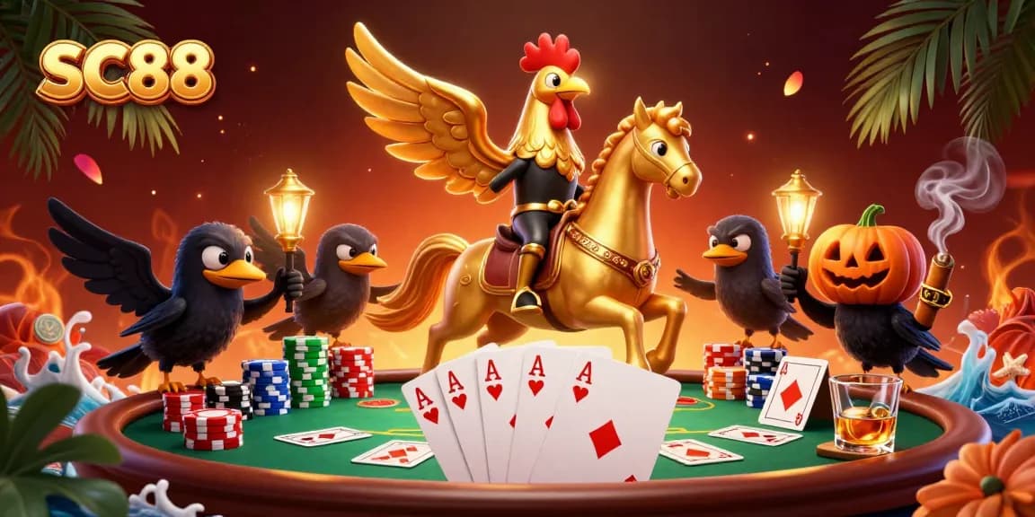Engage with SC88 in this vibrant casino scene filled with poker action and thematic characters.