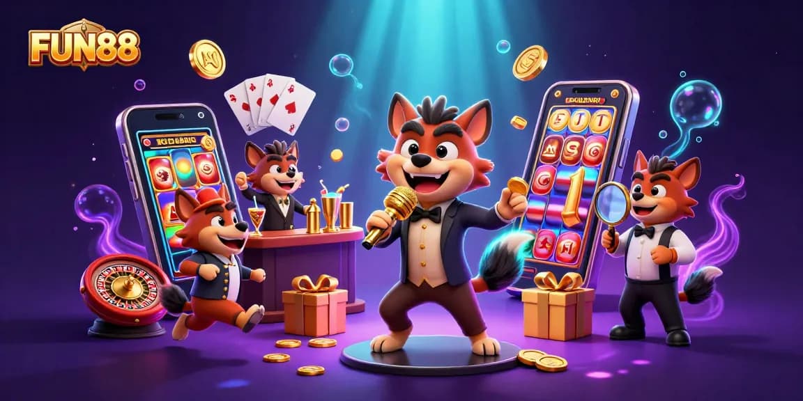 Engage in FUN88’s thrilling casino experience with hyenas in a vibrant scene full of gaming elements.