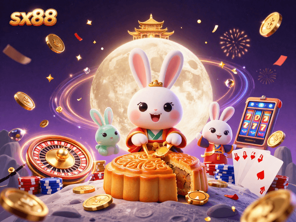 SX88 building excitement with a cartoon moon rabbit and casino games, surrounded by poker chips and festive elements.