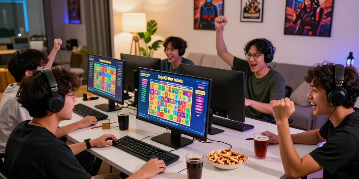 Togel88 Rtp Terbaru gaming excitement with players cheering and celebrating wins