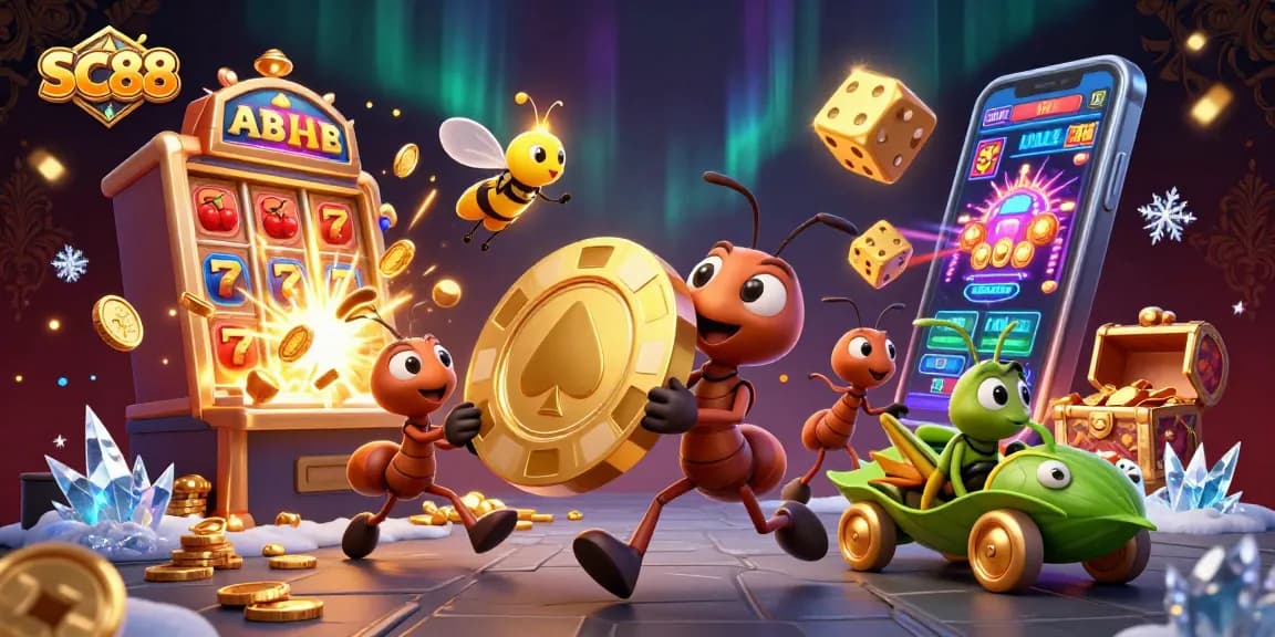 Engage with SC88's thrilling gaming scene, as ants heist a giant poker chip amidst a jackpot explosion.