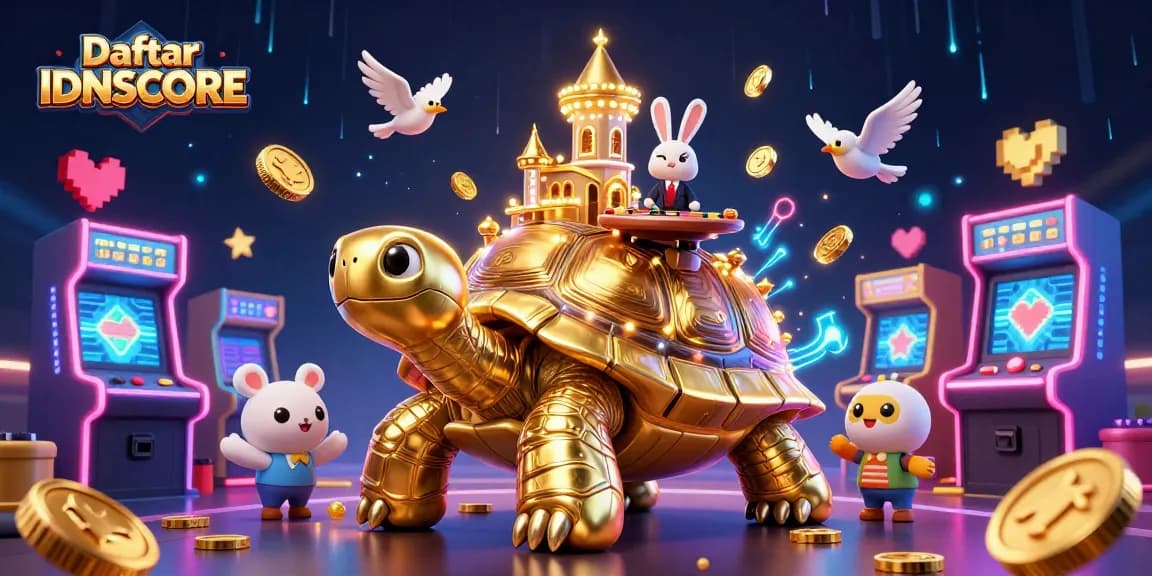 Join the action at Daftar IDNSCORE with a vibrant casino scene featuring golden turtle and rabbit dealer.