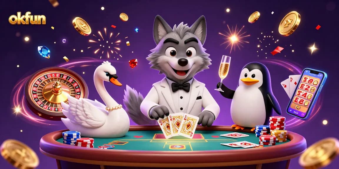 Experience thrilling action at OKFUN with a debonair wolf playing baccarat, elegant swan dealing cards, and champagne from a penguin.