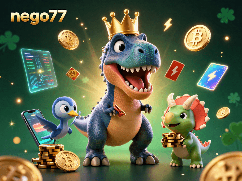 Nego77 invites players to enjoy a lively casino scene featuring animated dinosaurs and crypto elements.