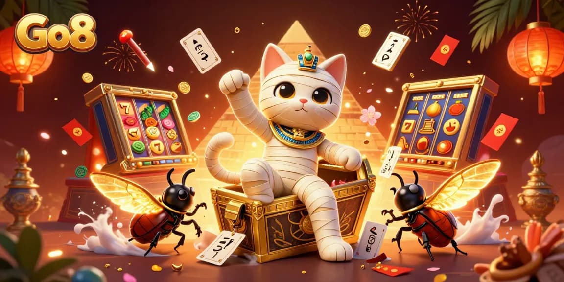 Engage with Go8 casino luck as an Egyptian mummy cat reveals treasures in a vibrant pyramid world.