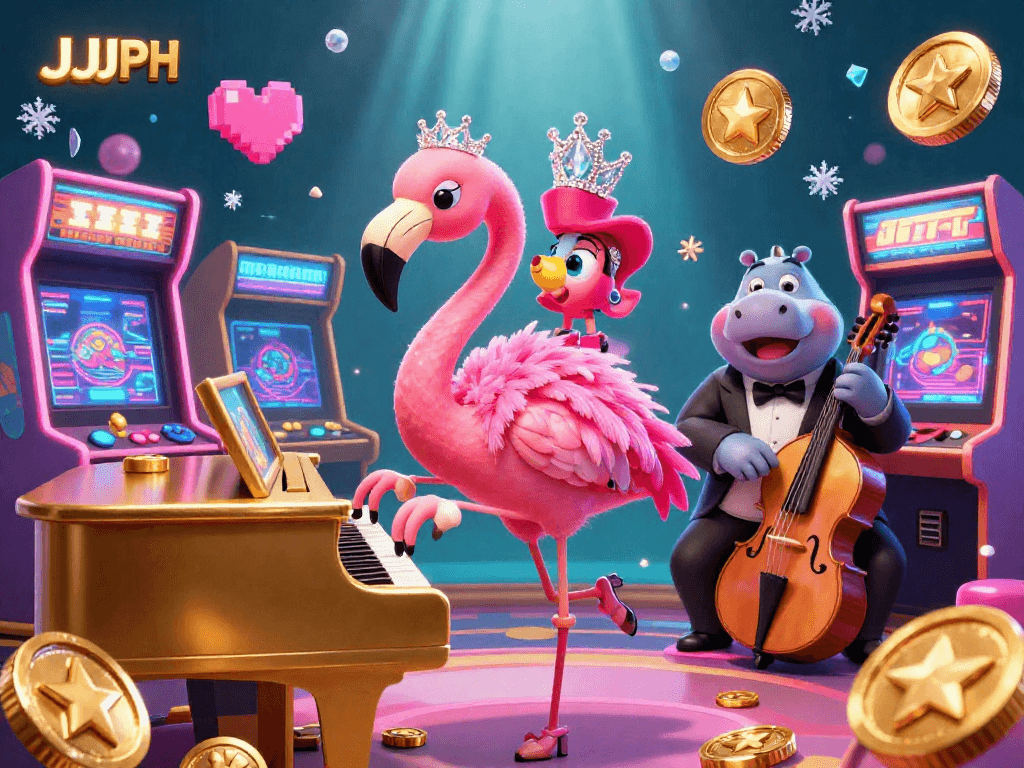Engage with JJJPH in a vibrant casino scene featuring a flamingo singer and hippo bassist amidst glimmering game elements.