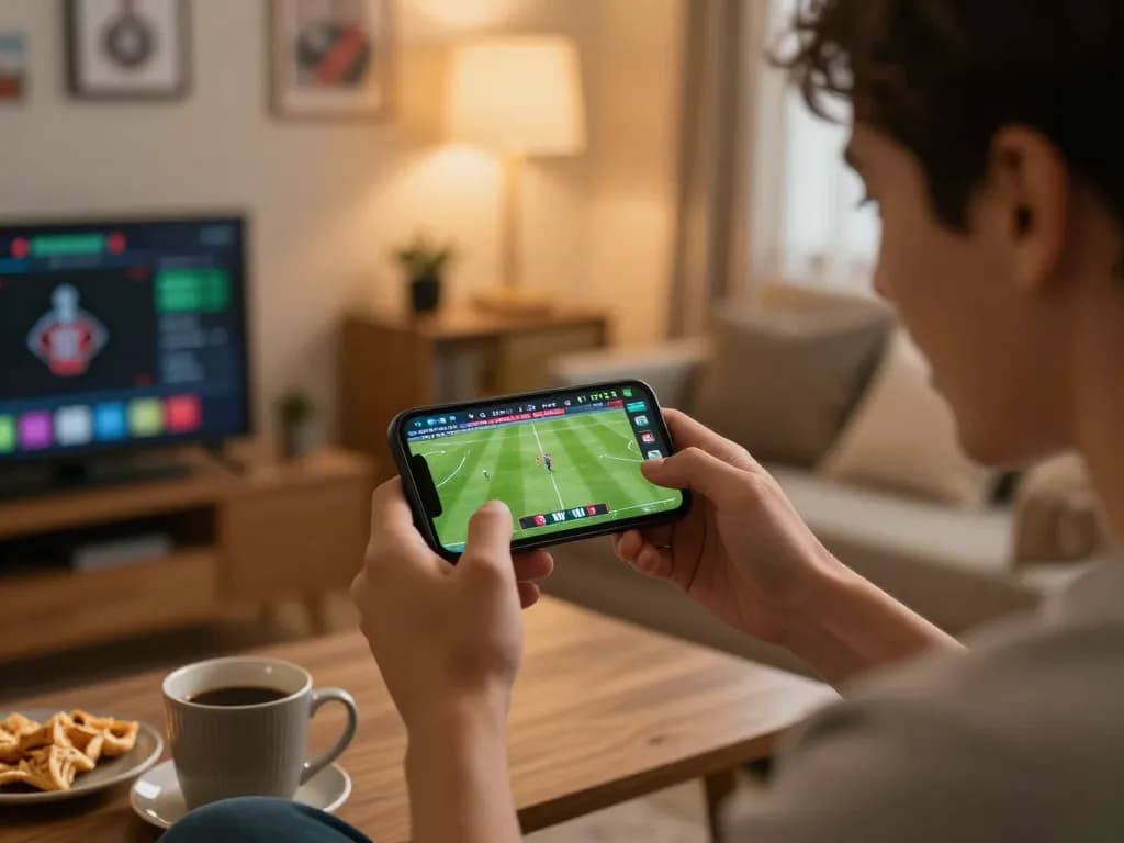KQBD user actively engaging with sports betting on smartphone, watching real-time soccer updates in a cozy home environment.