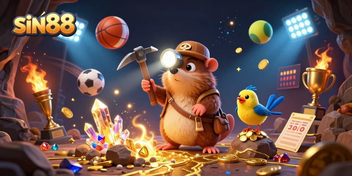 Experience the thrill of sin88 at a vibrant casino scene with a treasure hunter and sports elements.
