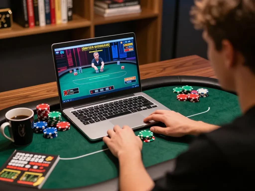 Engaged player on vegasslot77 enjoying a strategic online poker session with colorful chips.