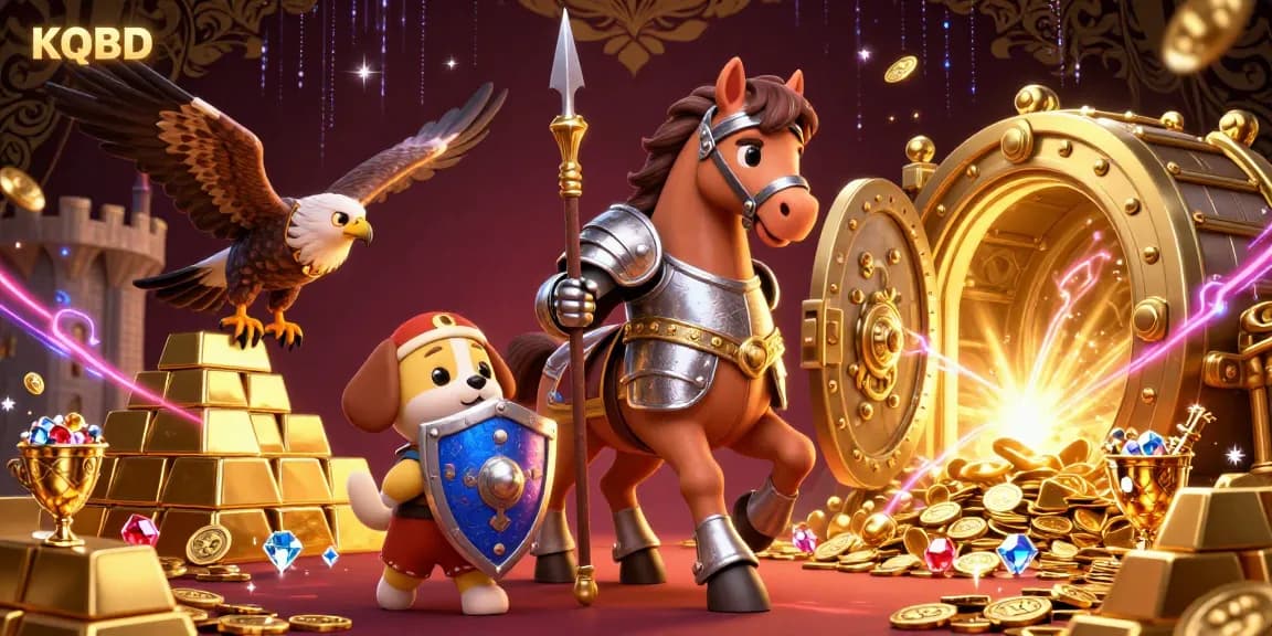 KQBD showcases a rich 3D scene with themed characters and treasures, enhancing the gambling experience.