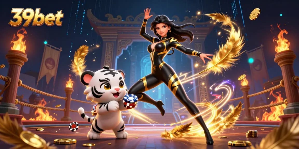 Engage with 39bet's thrilling adventure featuring a dynamic casino scene with a captivating woman and her playful tiger.