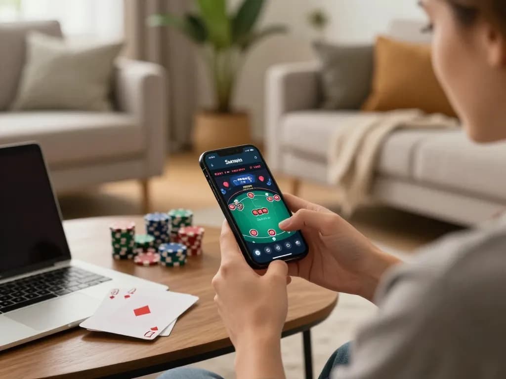 TẢI SUNWIN and play poker from home with a smartphone in a cozy setting.