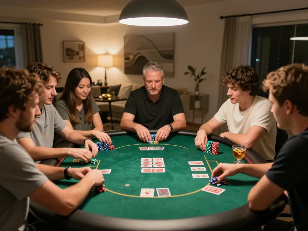 Engaged players strategizing in a friendly poker game, highlighting togel hongkong betting dynamics