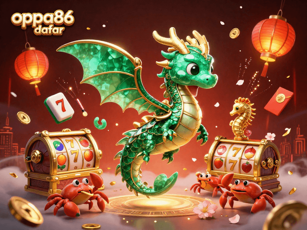 Engage with oppa86 daftar featuring a vibrant 3D casino scene filled with slot reels and sea creatures.