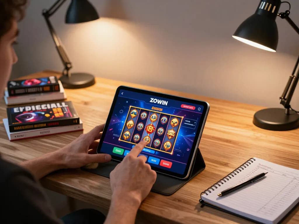 ZOWIN user enjoying online gaming experience with tablet displaying casino games and strategic notes