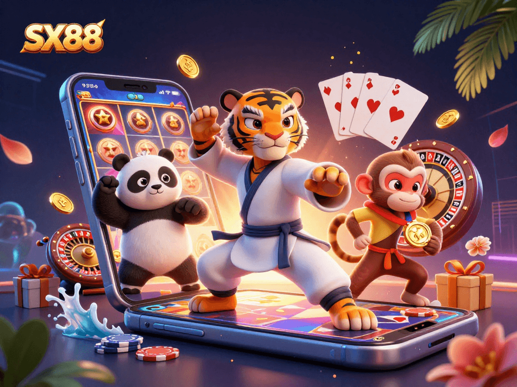 SX88 enhances the thrill of winning with a fun-filled casino scene featuring a kung fu tiger and playful characters.