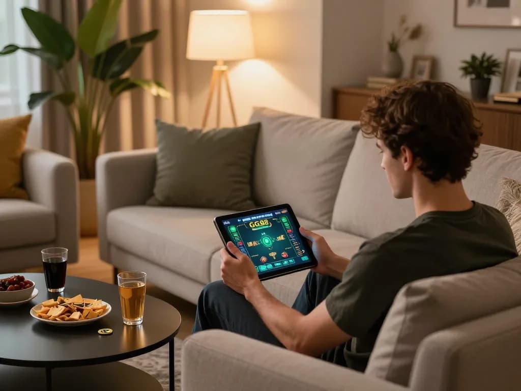 Player engaging with poker game interface on GG88, showcasing online gambling in a cozy home setting.