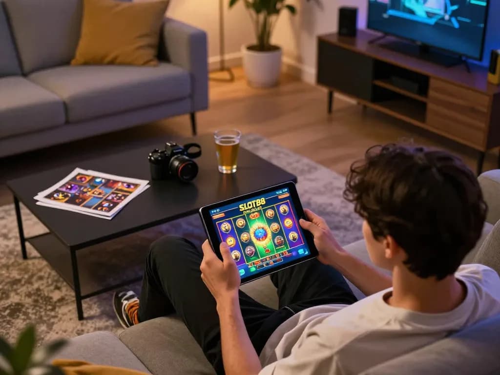 Playing SLOT88 resmi apk on a tablet at home, offering thrilling online gambling experience.