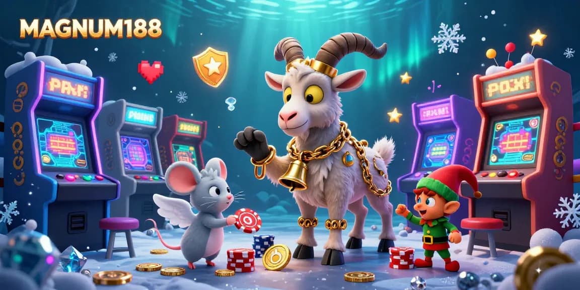 MAGNUM188 excites players with a dynamic festive casino scene featuring a Krampus goat, angel mouse, and elf gremlins.