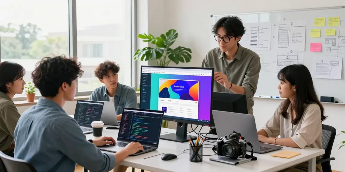 Collaborative workspace of a web development company in Malaysia featuring a team brainstorming on digital designs.