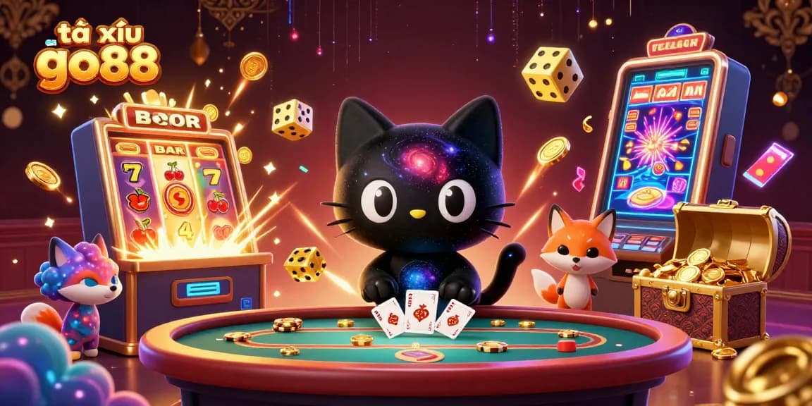 Tài xỉu go88 showcases a vibrant cosmic casino scene with a black hole cat attracting golden chips and cards.